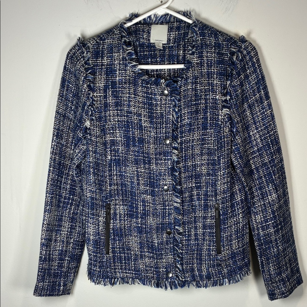 Halogen Blue White Tweed Jacket Chanel Style Blazer Size S - Picture 2 of 12